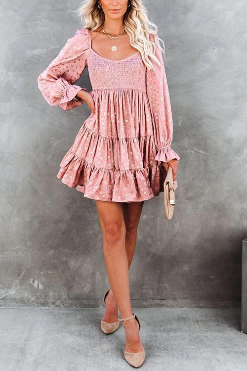 Hot Stamping Ruffles Elastic Puff Sleeve Mini Dress