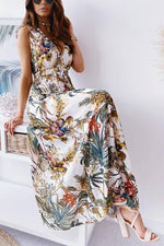 Leaf Print V Neck Sleeveless Maxi Dress