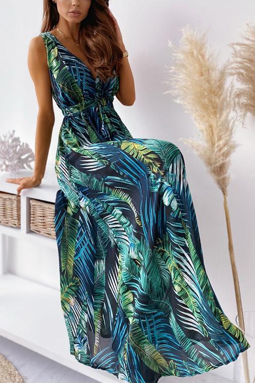 Leaf Print V Neck Sleeveless Maxi Dress