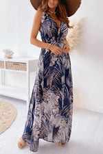 Leaf Print V Neck Sleeveless Maxi Dress