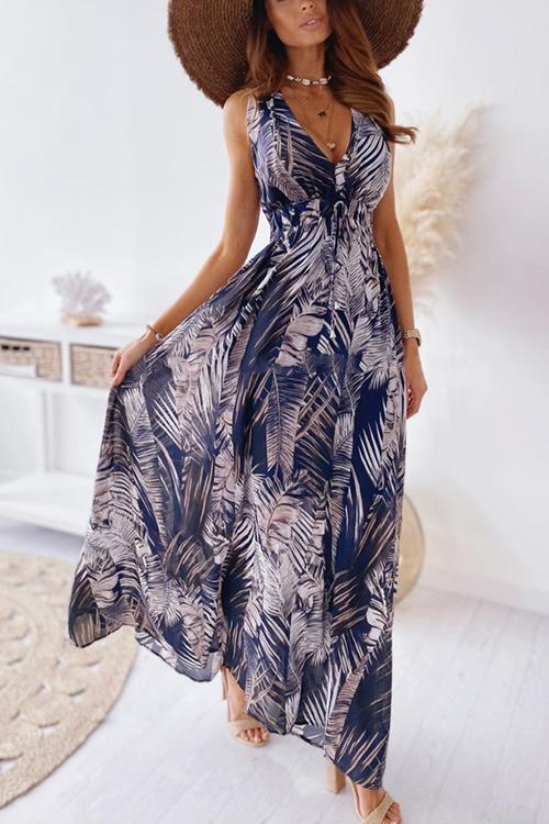 Leaf Print V Neck Sleeveless Maxi Dress