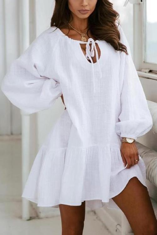 Linen Lace Up Puff Sleeve Mini Dress