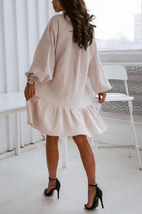 Linen Lace Up Puff Sleeve Mini Dress