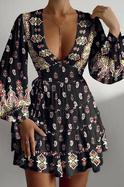 Print Deep V Neck Puff Sleeve Mini Dress