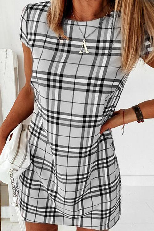 Grid Short Sleeve Bodycon Mini Dress