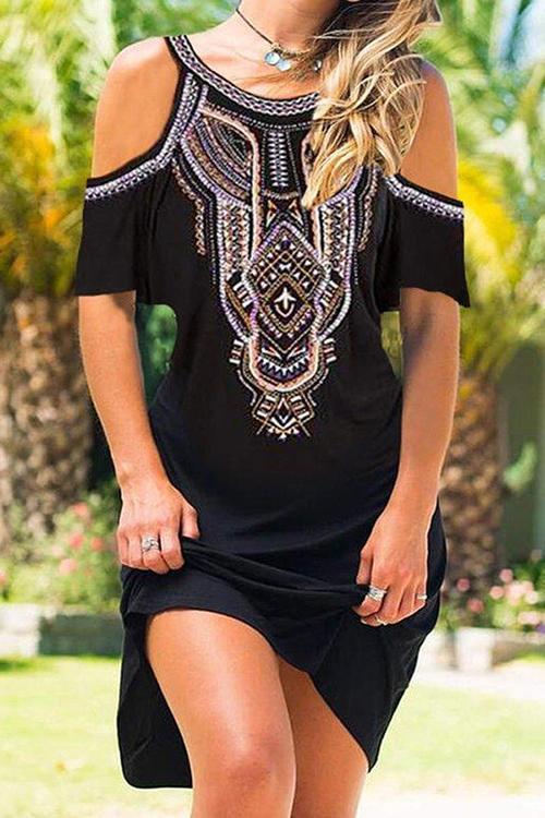 Boho Print Cold Shoulder Mini Dress