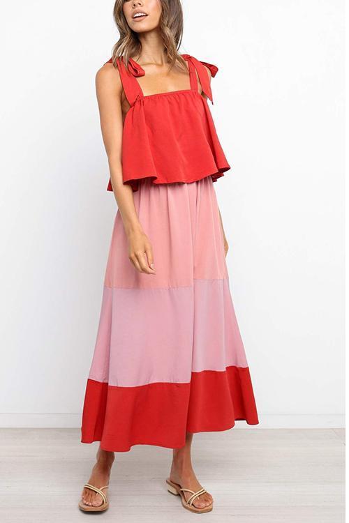 Color Block Bow Slip Maxi Dress