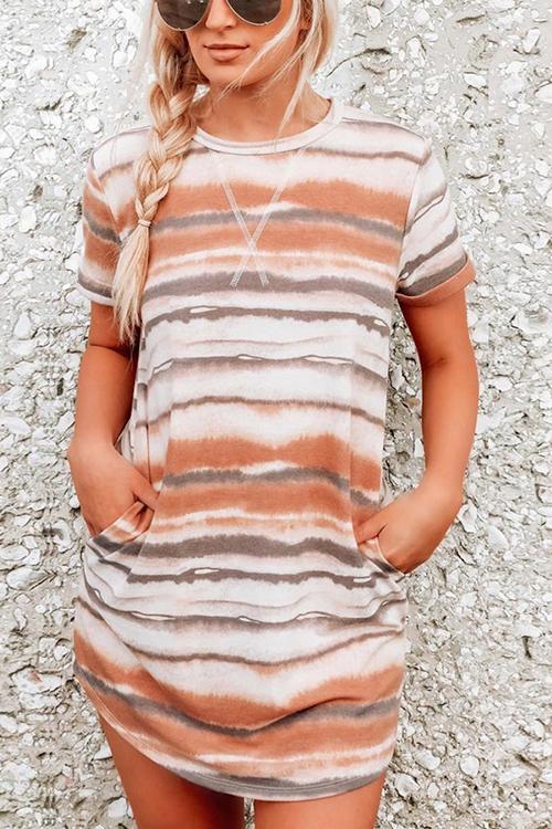 Pockets Stripe O Neck Mini Dress