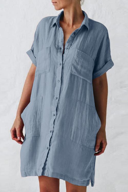 Linen Pockets Button Shirt Mini Dress