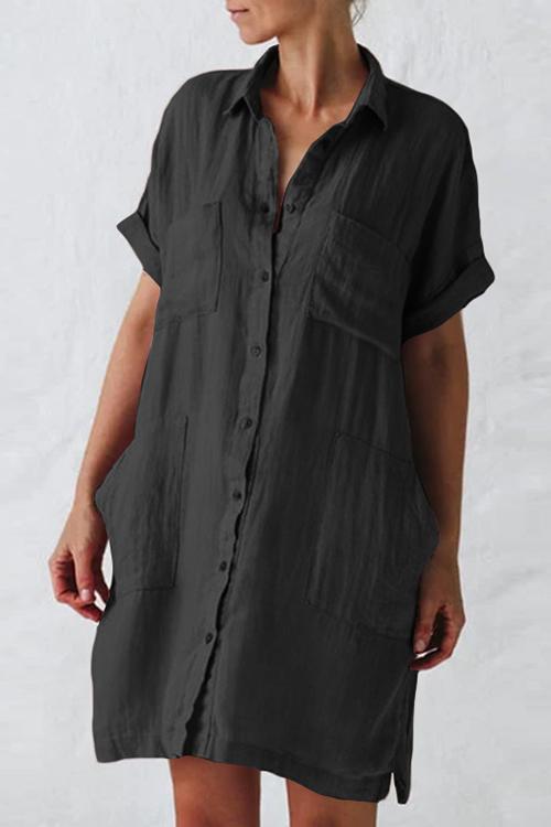 Linen Pockets Button Shirt Mini Dress