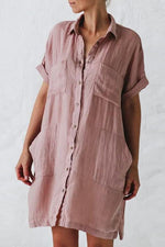 Linen Pockets Button Shirt Mini Dress