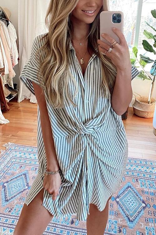 Knot Stripe Shirt Mini Dress