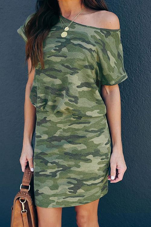 Camouflage Dew Shoulder Mini Dress