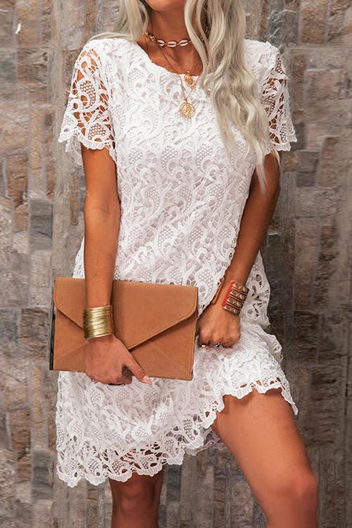 Lace O Neck Short Sleeve Mini Dress