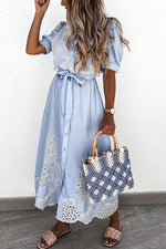 Button Hollow Bleted Shirt Maxi Dress