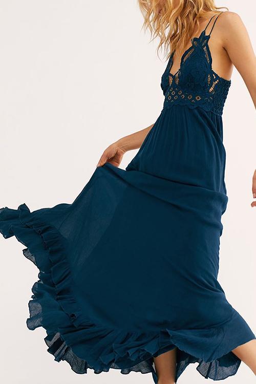 Lace Ruffles Hem Slip Maxi Dress