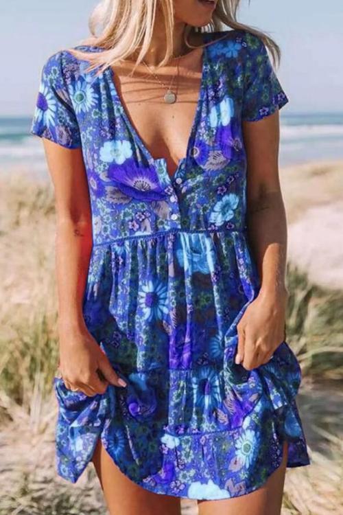 Button Floral Short Sleeve Mini Dress