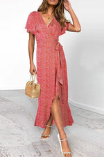 Floral Ruffles Print Wrap Maxi Dress