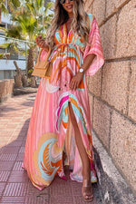 Print Drawstring Bat Maxi Dress