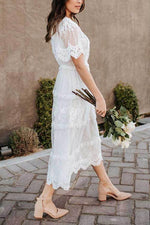 Button Lace V Neck Short Sleeve Maxi Dress