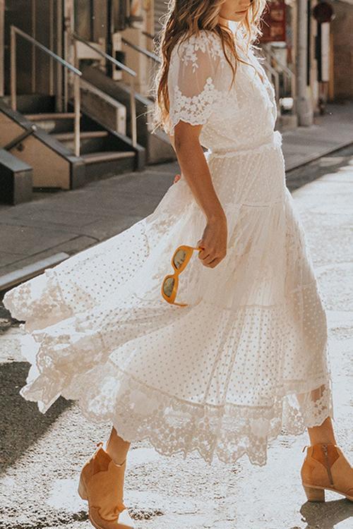 Button Lace V Neck Short Sleeve Maxi Dress