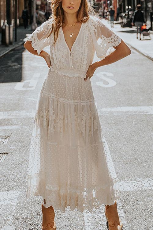 Button Lace V Neck Short Sleeve Maxi Dress