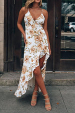 Floral Print Ruffles Slit Maxi Dress