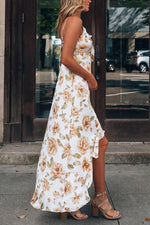 Floral Print Ruffles Slit Maxi Dress