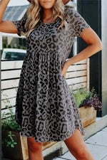 Leopard O Neck Short Sleeve Mini Dress