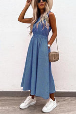 Plaid O Neck Sleevless Pockets Maxi Dress