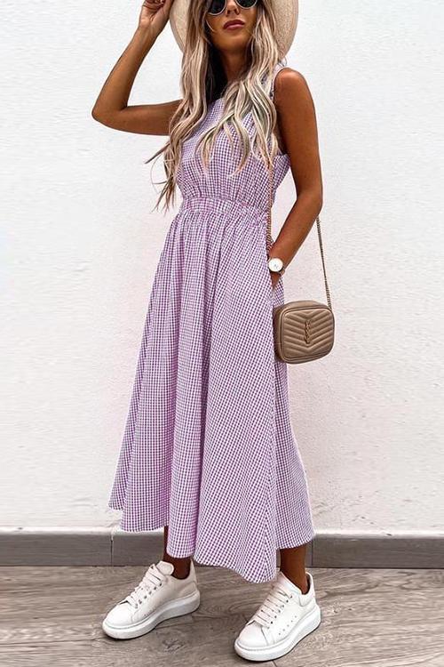 Plaid O Neck Sleevless Pockets Maxi Dress