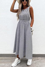 Plaid O Neck Sleevless Pockets Maxi Dress