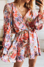 Floral Print V Neck Long Sleeve Mini Dress