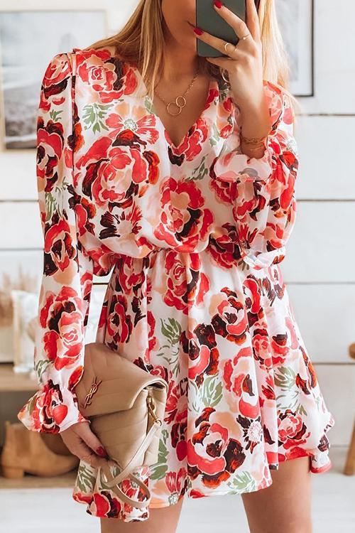 Floral Print V Neck Long Sleeve Mini Dress