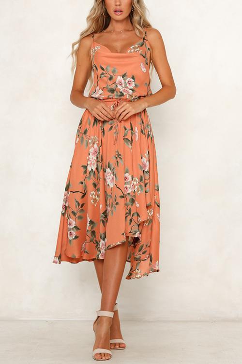 Cowl Neck Floral Print Drawstring Midi Dress