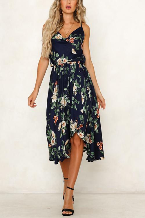 Cowl Neck Floral Print Drawstring Midi Dress