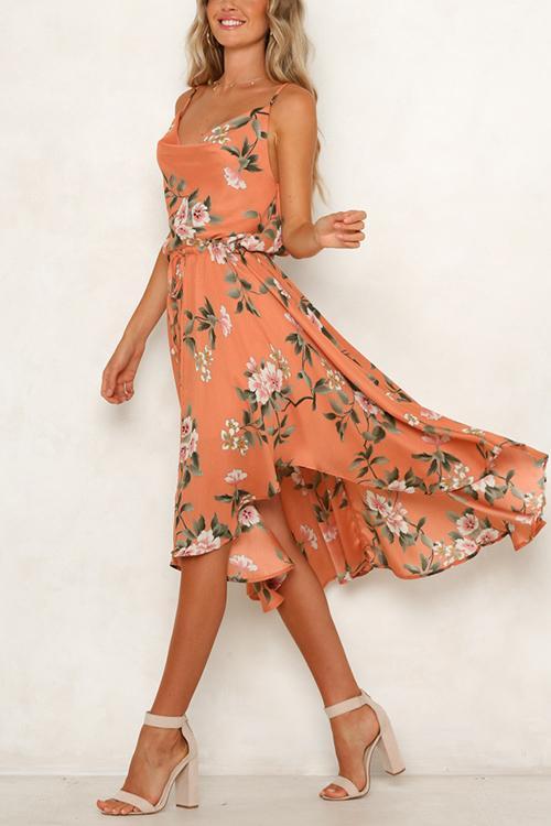 Cowl Neck Floral Print Drawstring Midi Dress