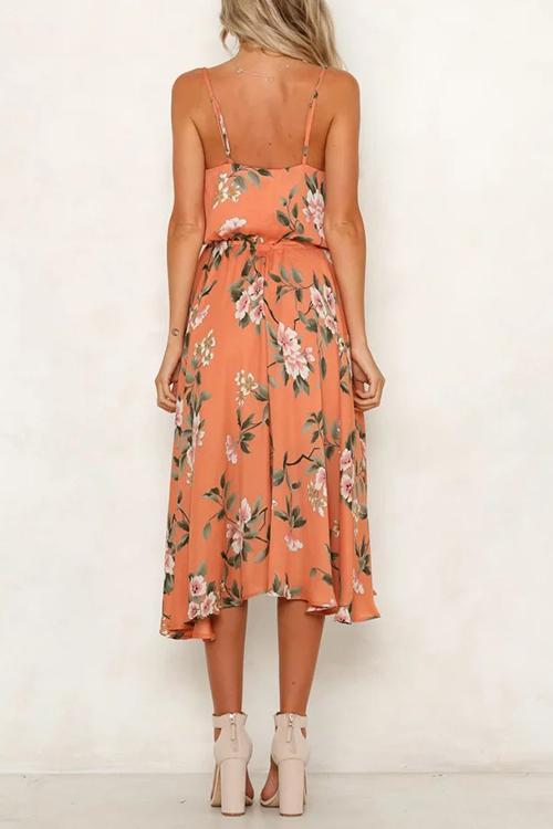 Cowl Neck Floral Print Drawstring Midi Dress