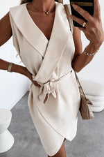 Lapel Sleeveless Slit Blted Mini Dress