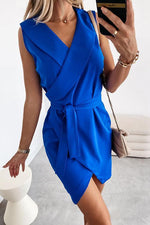 Lapel Sleeveless Slit Blted Mini Dress