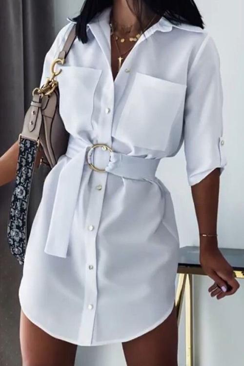 Pockets Button Half Sleeve Shirt Mini Dress