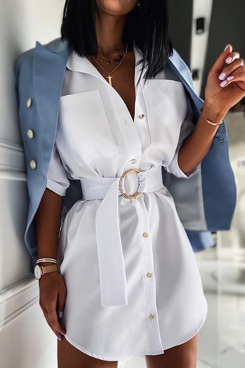 Pockets Button Half Sleeve Shirt Mini Dress