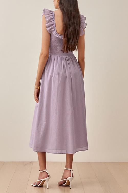 Elastic Ruffles Square Neck Midi Dress