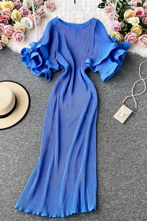 Pleated Layer Flare Sleeve Maxi Dress