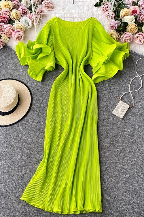 Pleated Layer Flare Sleeve Maxi Dress