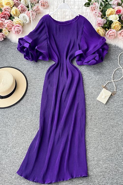 Pleated Layer Flare Sleeve Maxi Dress