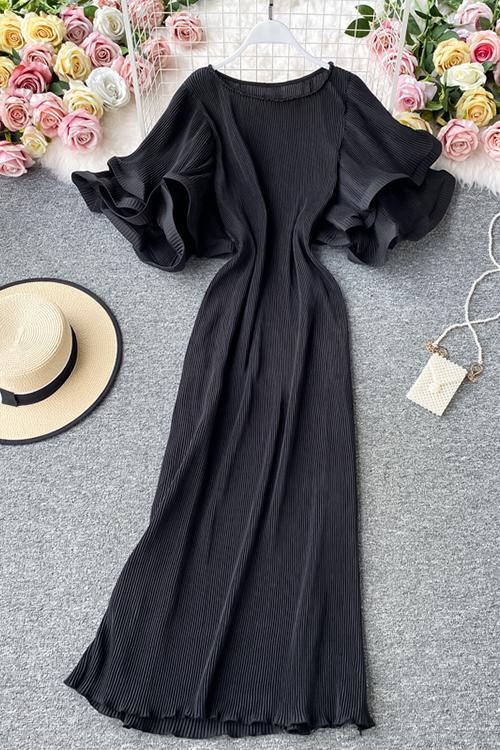 Pleated Layer Flare Sleeve Maxi Dress