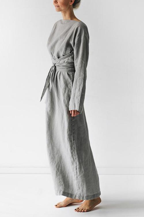 Linen Tie Belt Long Sleeve Maxi Dress