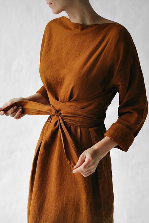 Linen Tie Belt Long Sleeve Maxi Dress