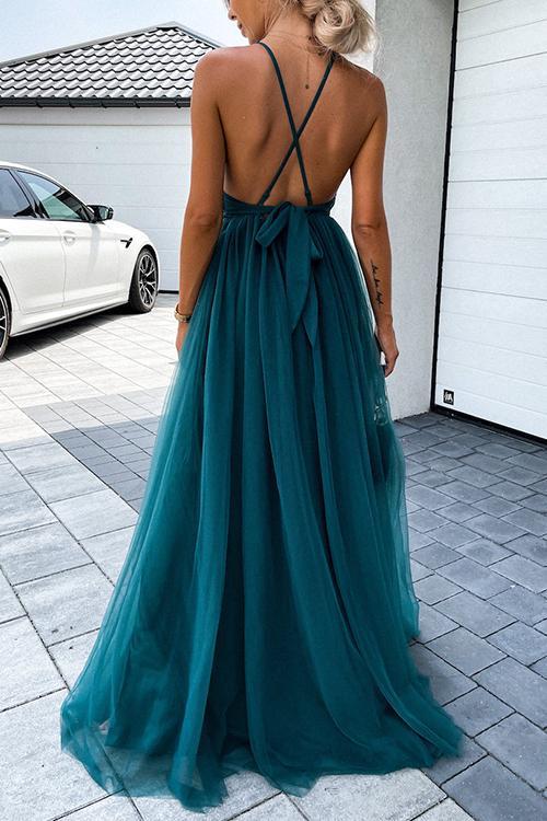 Lace Mesh Bow Backless Slip Maxi Dress